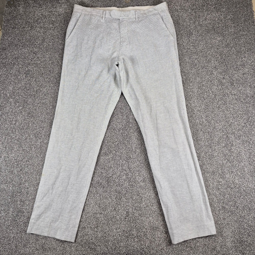 J.Crew Bowery Linen Cotton Pants Mens 34x32 Slim Fit White Black Pinstripe